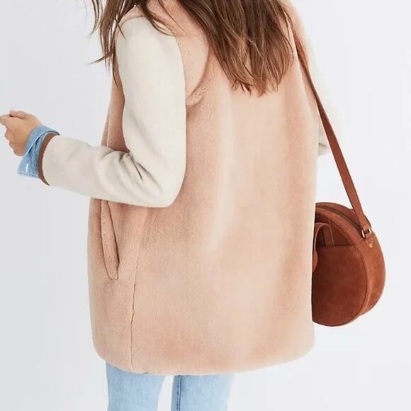 Madewell Brown Beige Colorblock Faux Mink Fur Long Length Ribbon Tie Jacket - Picture 4 of 16